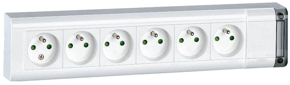 Bloc Multiprise Fixable 6 Prises de Courant 2P+T à Câbler sans Cordon 16A/230V - Prise Électrique avec Éclips de Protection - Longueur 343mm & Fiche mâle 2P+T 16A Extra Plate Blanc - Zenitech