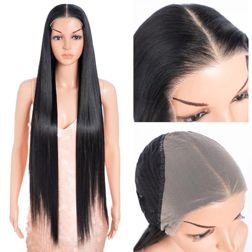 Style Icon 38 Super Long Straight Wig 9x6 Free Part Lace Front Wig Black Color Pre Plucked Glueless Synthetic Hair with Adjustable Band & Free Clips