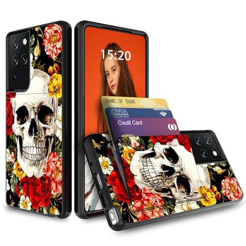 Dikoer for Samsung Galaxy S25 Ultra 5G 6.9" Wallet Case[Store 3 Cards], Heavy Duty Credit Card Holder ID Slot Hard PC Shockproof Silicone Protection Dual Layer Cases for Women Men, Peony Skull