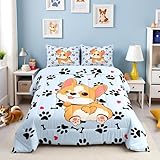 Castle Fairy Cute Corgi Comforter Set Twin Size,Cartoon Dog Footprint Bones Bedding 2pcs for Kids Boys Girls Room Decor,Smiling Doggy Quilt Family Paw Duvet Insert with 1 Pillowcase,Blue