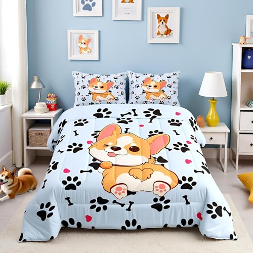 Castle Fairy Cute Corgi Comforter Set Full Size,Cartoon Dog Footprint Bones Bedding 3pcs for Kids Boys Girls Room Decor,Smiling Doggy Bedspread Family Paw Quilted Duvet with 2 Pillowcases,Blue
