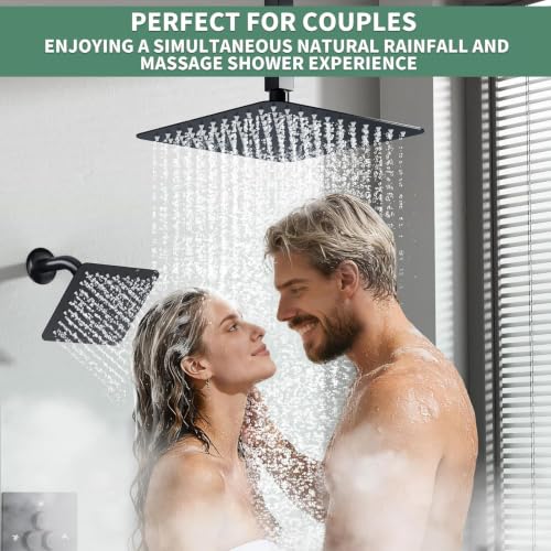 SunCleanse Sistema de Ducha 3 Vías Negro Mate con Ducha de Mano para Pareja | Cabezal de lluvia de 10", Rociador de pared de 6", varita de mano, desviador de botón, válvula anti-quemaduras, boquillas de limpieza fácil miniatura 7