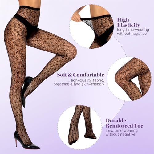 MANZI 2 Pairs Women's Patterned Fishnet Tights Floral Lace Fishnets Stockings High Waist Goth Pantyhose3