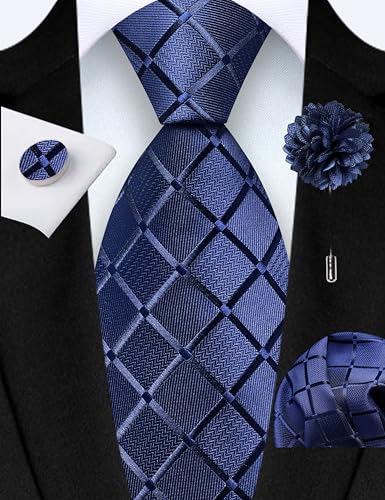 Image of GUSLESON 3.15 inch（8cm） Mens Tie and Lapel Pin Plaid Checkered Necktie Hankerchief Cufflinks Set for Men