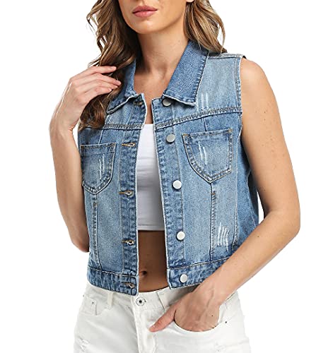 Womens Denim Jean Vest Classic Cropped Distressed Spread Collar Sleeveless Jean Jacket