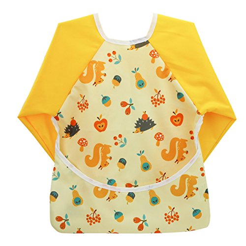 Hi Sprout Unisex Infant Toddler Baby Super Waterproof Sleeved Bib, Reusable Bib with Sleeves& Pocket, 12-24 Months (lovely squirrel)