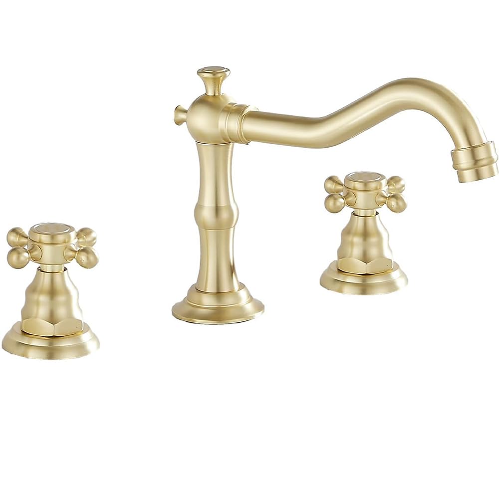 SOHNVWTGD 3 Holes Vintage Double Handle Basin Mixer Tap Widespread Bathroom Sink Bathtub Tap Deck Mounted,8 inch 2 Handles 3 Holes Bath Tub Tap Brushed Gold