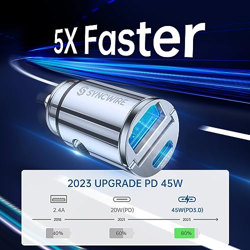 Image of USB C Car Charger Syncwire 90W [PD 45W & QC 45W] USB Car Charger Adapter Fast Charging [Super Mini & All Metal] Compatible with iPhone 15 /14 Pro Max Plus 13 12 Samsung S23 /S22 /21 Note 22, Pixel, iPad