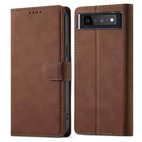 JINGANGYU Google Pixel 6 Pro 5G RFID Wallet case, Google Pixel 6 Pro Flip Leather Wallet Magnetic case with Card Holders Google Pixel 6 Pro Full Cover Clear Silicone Wallet for Man Woman (Coffee)