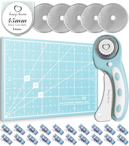 Rotary Cutter Set - Quilting Kit incl. 45mm Fabric Cutter 5 Replacement Blades A6 Cutting Mat and Craft Clips - Ideal for Crafting Sewing Patchworking Crochet & Knitting (Turquoise A6)