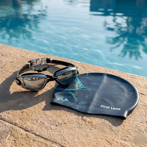 Image of First Lens Swimming Combo Pack with Anti-Fog Goggles, Swimm Cap - Silver Goggle + Aquawave Cap