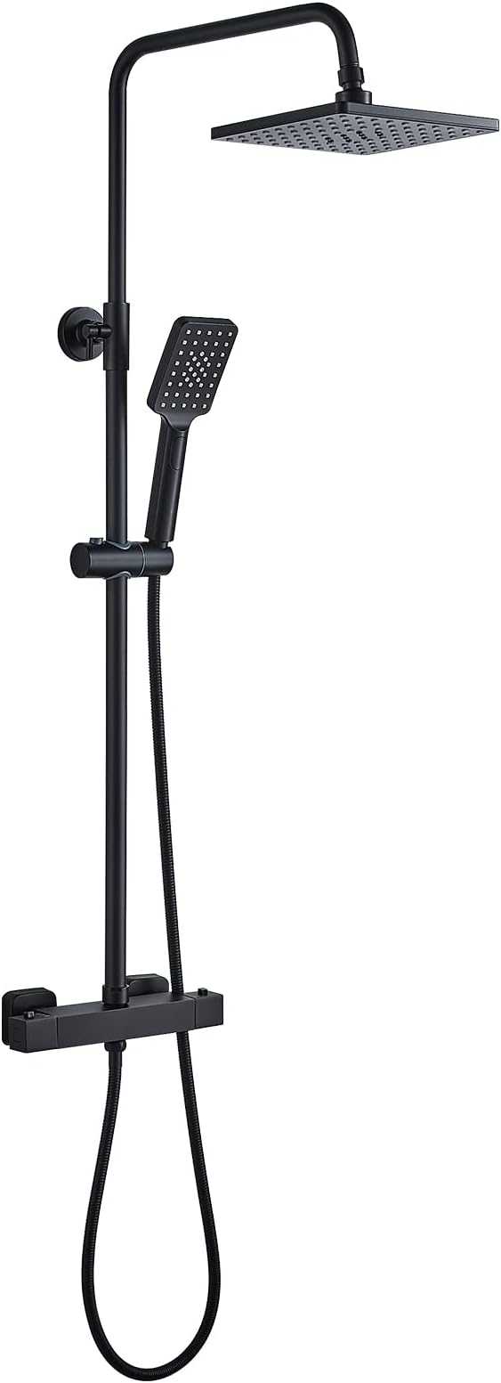 Thermostatic Shower Mixer Set Matte Black, Square 38 °C Thermostat Shower Bar Set with 8" Rainfall Head, 3-Function Handheld Sprayer, Anti Scald Twin Head System, Adjustable Height