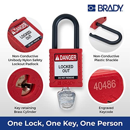 Image of Brady Safety Lockout Padlock Sets - 6 Pack - Red - Keyed Alike Safety Lockout Padlocks - 1 Key Per Lock - SDPL-RED-38PL-KA6