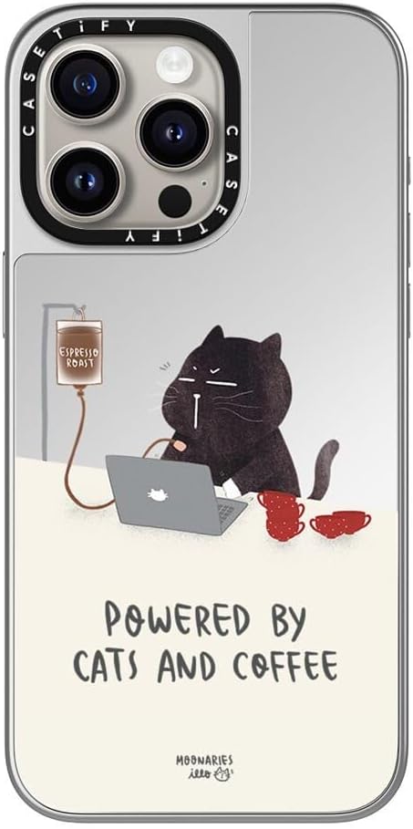 CASETiFY Mirror iPhone 15 Pro Max Case [Reflective / 4.9ft Drop Protection/Compatible with Magsafe] - Powered by Cats and Coffee - Silver on Silver