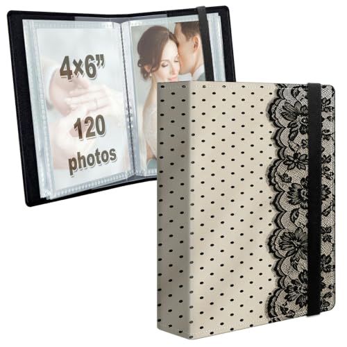 Image of Photo Album 4x6 120 Photos with Strong Elastic Band, Ivory Lace Dots | Large Capacity Premium Leather Picture Album, Portable Wallet Albums Photo Book for Family Anniversaries Wedding Baby