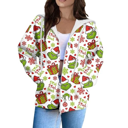 Christmas Zip Up Hoodie Women Funny Xmas Long Sleeve Sweatshirts Plus Size Christmas Hoodie Comfy Winter Jackets A Light Green