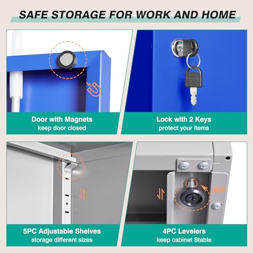 Image of Metal Cabinet with 5 Adjustable Shelves,6 Tier Garage Storage Cabinet with Lock,Gray Blue Metal Storage Cabinet with Locking Doors,Steel Cabinets,71 inch Lockable Storage Cabinets for Home,Office,Garage
