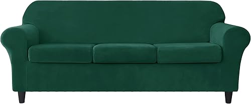 CONRUSER Funda elástica para sofá, funda de terciopelo suave para sofá de 3 cojines, protector grueso de muebles para mascotas y niños (verde, L)