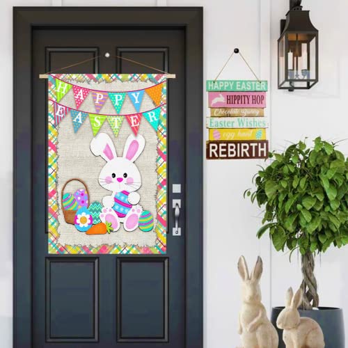 Surfapans Happy Easter Bunny House Flag 28X40 Inch Double Sided Outside Burlap Easter Rabbit Eggs Outdoor Large Yard Flags Porch Home Holiday Decoration #TOP2