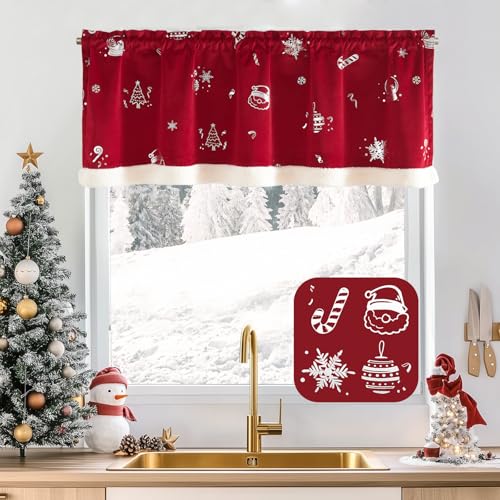 jinchan Santa Inspired Christmas Curtain Valance Green Velvet Noel Valance 16-Inch Holiday Christmas Decorations Window Treatment for Living Room Bedroom Vintage Plush Sherpa Small Window Pa