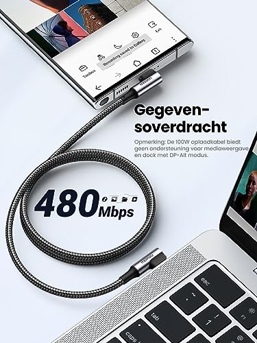 100W USB C oplaadkabel haakse stekker 90° PD 3.0 PPS 5A, snel opladen en data 480Mbps, 3m, iPhone 15, MacBook Pro - Afbeelding 4