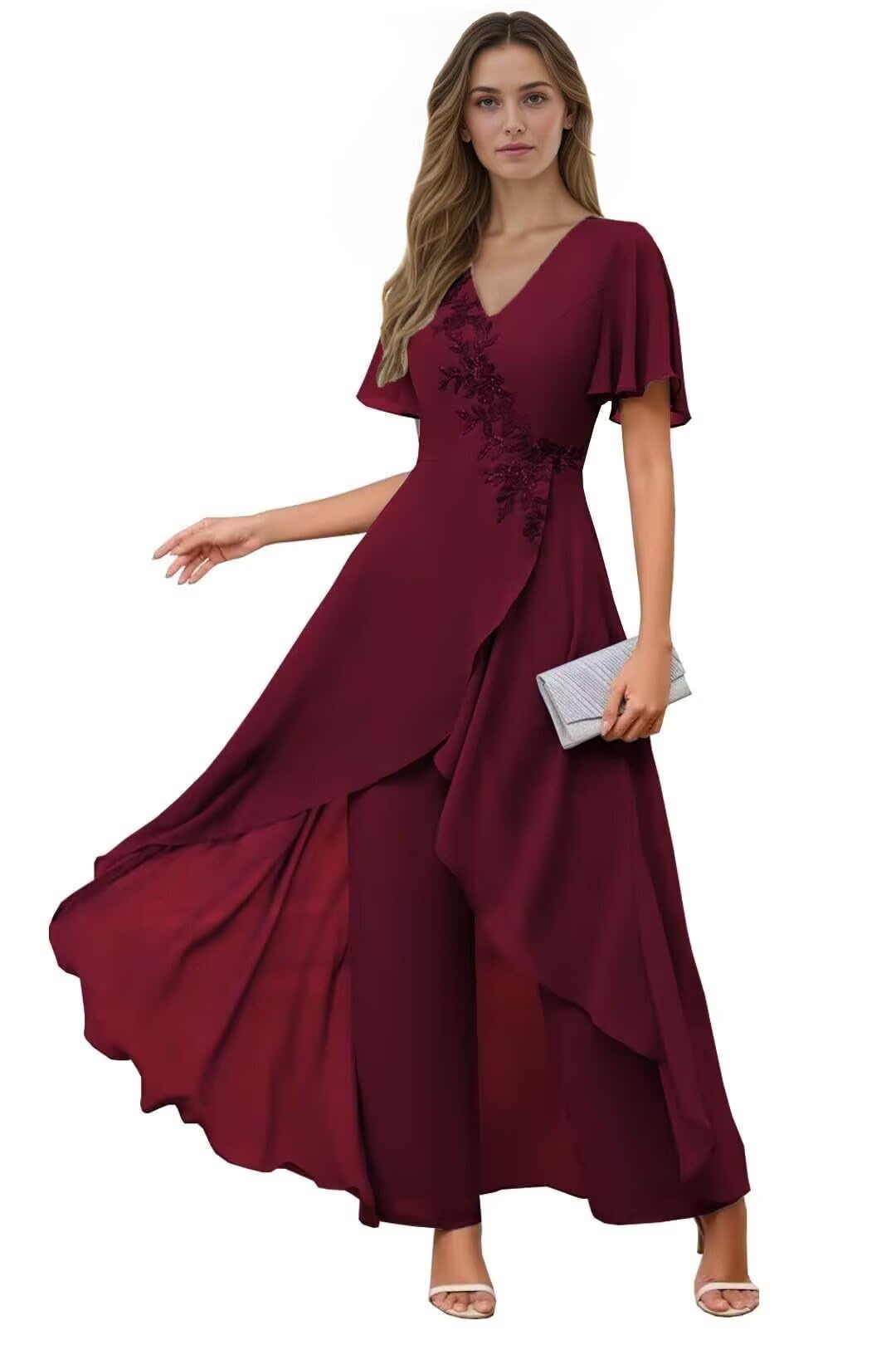 2-Piece Mother of The Bride Pantsuit with Lace Appliques Jacket Chiffon Formal Pant Suits for Wedding Guest