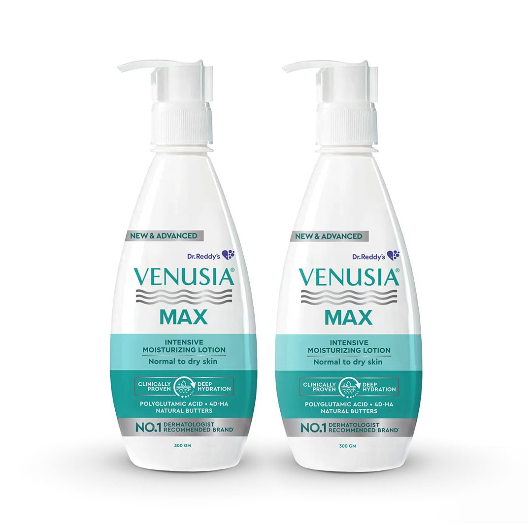 Dr. Reddy's Venusia Max Intensive Moisturizing Lotion | Dermatologist Recommended | Clinically Proven, Long-Lasting Moisturization | For Normal to Very Dry Skin | Cocoa Butter, Shea Butter, Mango Butter and Aloe Butter | 300g (Pack of 2).