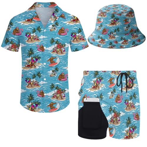 Nhjk Sasquatch Islands Mens Hawaiian Matching Set Shirt and Short Beach Casual Rave Outfit Clothes for Vacation Party with Bucket Hats 3X-Large