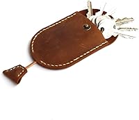 Vista 2 de Funda de cuero hecha a mano con cordón para llaves ovalada con cierre de botón a presión seguro para llaves de coche, llaves de casa Marrón