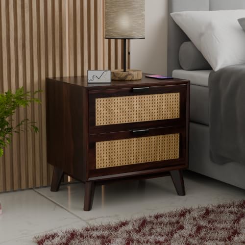 Image of Solid Sheesham Wood Bedside Table with 2 Cane Rattan Drawers | Wooden Nightstand with Spacious Storage (Walnut Finish)