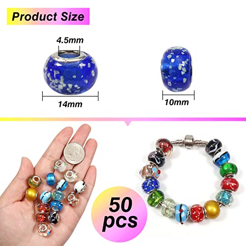 Toaob 50Pcs Assorted European Craft Beads Glass Large Hole Spacer Beads Assortments With Brass Silver Core For Diy Crafts Bracelet Necklace Jewelry Making #TOP1