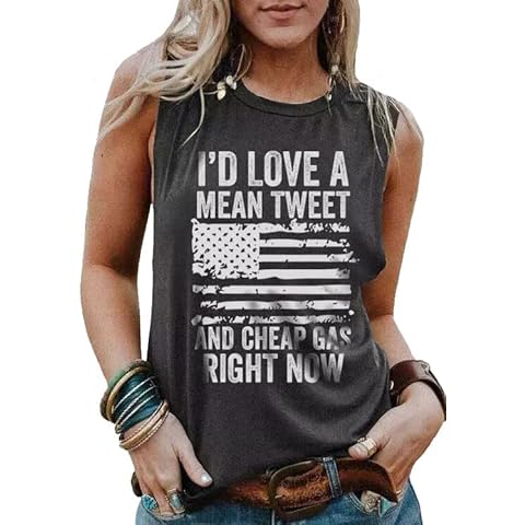 I'd Love A Mean Tweet and Cheap Gas Right Now American Flag Tank Tee Funny Sarcasm Saying Shirt 4th of July Tank Tops, Dark grey, Large Cover