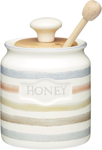 KitchenCraft Class Collection Striped Ceramic Honey Pot with Wooden Dipper, 450 ml (16 fl oz), 8 x 8.5 x 13 cm