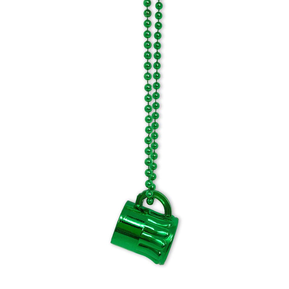 St. Patrick's Day Traveling Shot Glass Beer Mug Beaded Necklace - Metallic Green Beer Stein Cup Necklace - For Party Supply Favors or Costume Accessory - Holiday Mardi Gras Beaded Necklace