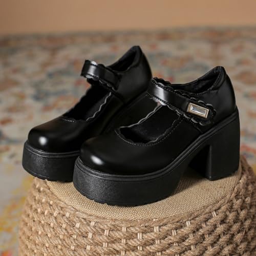 Image of Women's Platform Mary Janes Heart Cat Buckle Rivets Ankle Lolita Gothic Princess Platform Pumps Patent Leather Thorn Vintage Traditional Embroidery Upper Dress Shoes