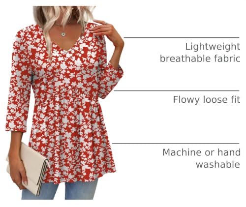 Image of OFEEFAN 3 /4 Length Sleeve Womens Tops 2026 Blouses for Women Dressy Casual Fashion Clothing V Neck Babydoll Tops Fall Outfits