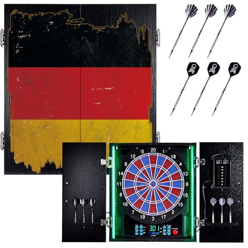Yirinatek Dartscheibe Elektronisch, Dekoratives Elektronische Dartscheibe Schrank [6 Bronze Soft-Tip Pfeile], Eigene Lichtfarbe for Jeder Spieler, Profi E Dart Scheibe mit Holzschranktüren - DE Flag