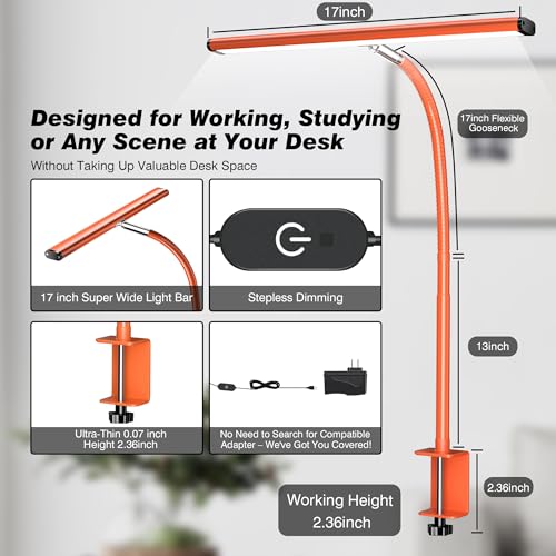 Image of Airlonv LED Desk Lamp for Office Home, Eye-Caring Desk Light with Stepless Dimming Adjustable Flexible Gooseneck, 10W USB Adapter Desk Lamp with Clamp for Reading, Study, Workbench (Orange)