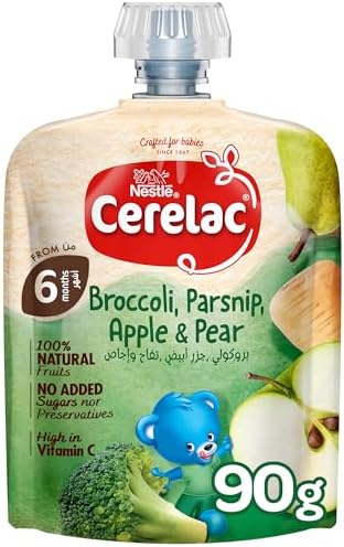 Nestle Cerelac Broccoli, Parsnip, Apple & Pear Puree pouch, High in Vitamin C, 100% Natural Fruits & Veggies, No Added Sugars, No artificial flavors, No preservatives. 90G(6m+)