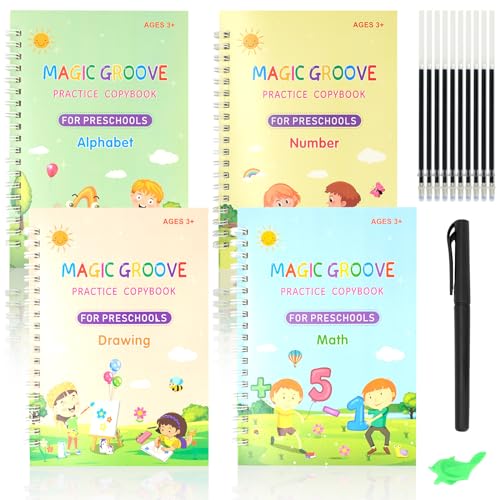 GOTFUN 4 Stück Englisch Magisches Heft, Magische Übungshefte mit Stift Wiederverwendbares Handschrift Magische Lernhefte für Kinder Lernen Mathe, Briefe, Zahlen und Zeichnung（Englische Version