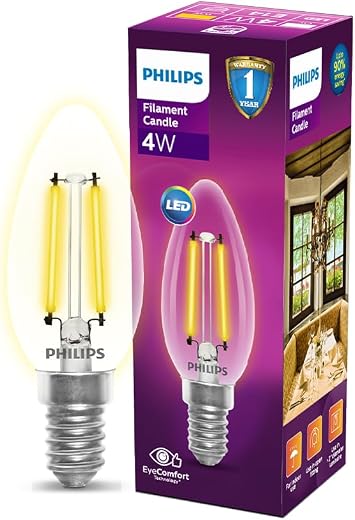 Philips 4-watt Filament Candle LED Bulb | Filament Candle Bulb Home &amp; Decoration|Bulb Base: E14, Color: Warm White|Pack of 1