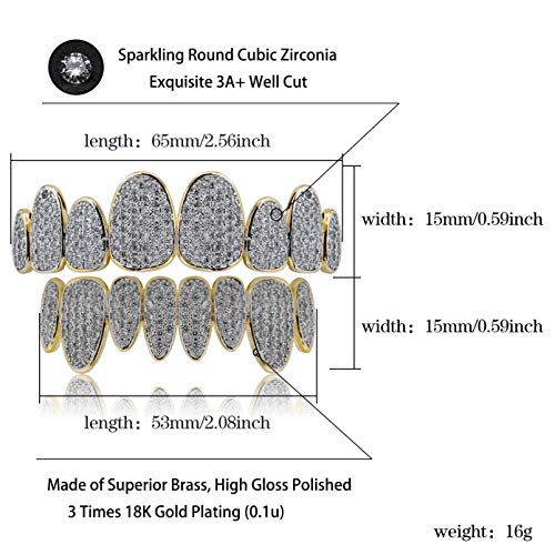 TOPGRILLZ 18K Gold Plated Iced Out Simulated Diamond Grillz Top and Bottom Grills for Your Teeth with Extra Molding Bars Hip Hop (Gold Set)