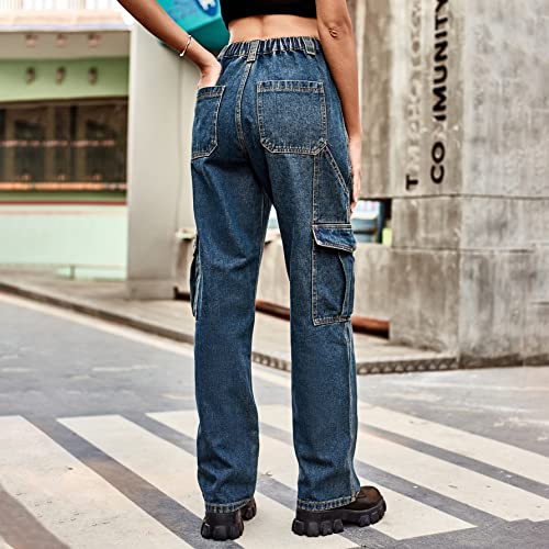 Baggy Cargo Jeans for Women Teen Girl Y2k High Waisted Flap Pocket Baggy Straight Wide Leg Jeans Denim Pants4