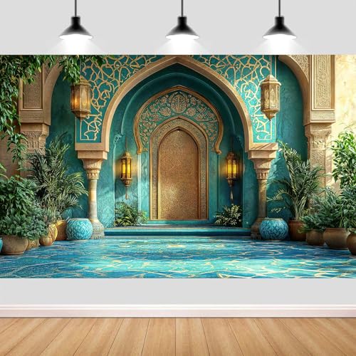 6X4ft DYNH Arabian Moroccan Nights Party Backdrop, Morocco Palace Arch Architecture Middle Eastern Teal Luxurious Backdrop for Moroccan Wedding Birthday Party Background Decorations Photo Studio Props