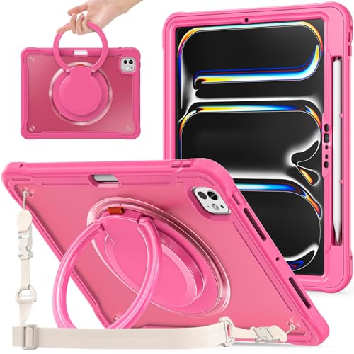 Protège-tablette iPad Pro 11 M5 2025 antichoc enfant rose avec porte-crayon silicone