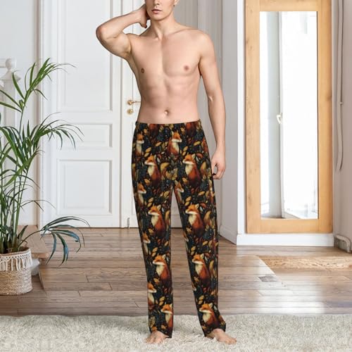 Mens Pajama Pants - Retro Forest Fox Print Soft Sleep Lounge Pants For Men, Casual Pj Bottoms With Pockets2