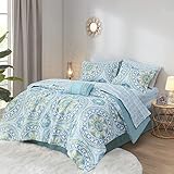Madison Park Essentials Serenity Queen Size Bed Comforter Set Bed in A Bag - Aqua, Medallion – 9 Pieces Bedding Sets – Ultra Soft Microfiber Bedroom Comforters