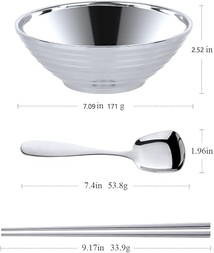 Miniatura 2 de Juego de tazones de sopa de fideos japoneses para ramen, 2 juegos (7.09 pulgadas), plata de doble capa de acero inoxidable 188 con palillos y