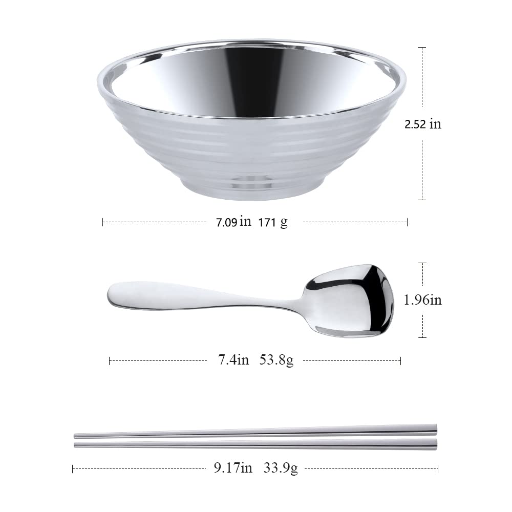 Japońskie zestawy misek do zupy z makaronem ramen, 2 zestawy (18 cm), srebrne, dwuwarstwowe, ze stali nierdzewnej 18/8, z pałeczkami i łyżkami