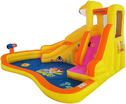 Miniatura 9 de Funormous Tobogán acuático Baby Shark con piscina, tobogán acuático inflable para niños al aire libre, además de soplador de aire resistente con GFCI